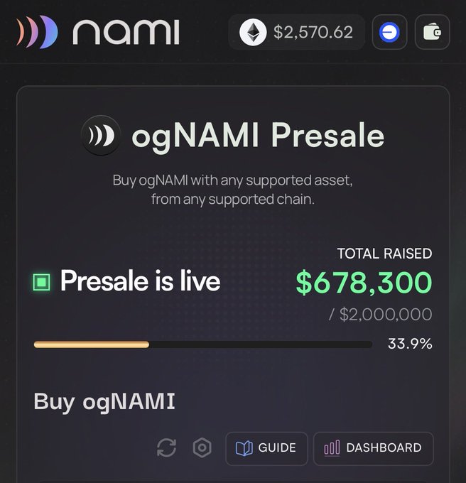 A digital interface for "NAMI" shows an "ogNAMI Presale" that is live, with a total raised amount of $678,300 out of a $2,000,000 goal.