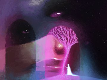 A dreamy digital painting featuring a glowing pink tree at its center, surrounded by ethereal purple and magenta hues, with a small figure in white standing at its base—evoking a spiritual, mystical atmosphere that aligns with the artwork's title "The soul remembers." The surreal composition and luminous energy reflect the emotional depth of this 1/1 NFT being offered on objkt.com.