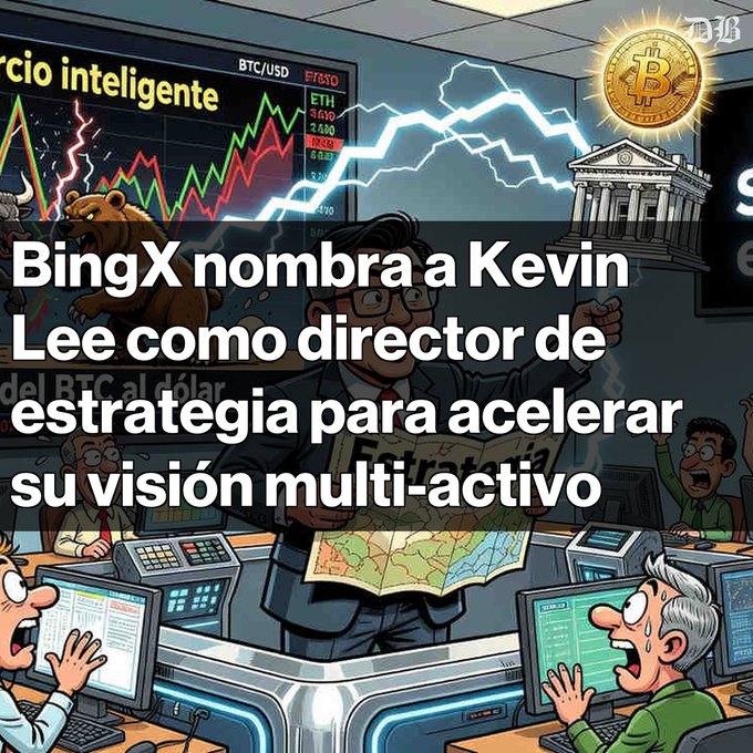 A cartoon illustration of a chaotic trading floor with traders reacting to market screens, overlaid with Spanish text: 'BingX nombra a Kevin Lee como director de estrategia para acelerar su visión multi-activo', with BTC/USD charts and a Bitcoin symbol visible.