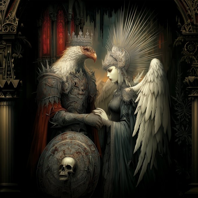 A dark fantasy artwork depicting an armored eagle warrior holding hands with a serene winged angel woman with a halo, featuring a skull emblem on the warrior's shield.
