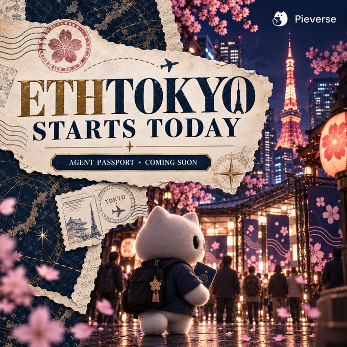 A promotional image featuring a small white character with a backpack holding a passport, set against a vibrant Tokyo nightscape with Tokyo Tower, cherry blossoms, and lanterns. The central text reads "ETHTokYO STARTS TODAY" with "AGENT PASSPORT • COMING SOON" displayed below, matching the post's announcement about the ETHTokyo event and the upcoming Agent Passport feature. The "Pievers" logo appears in the top right corner.
