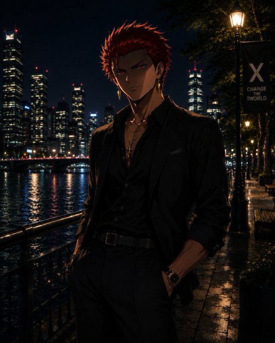 An anime-style digital art of a red-haired man in a black shirt standing on a nighttime city waterfront, with a banner behind him reading 'X CHANGE THE TWORLD'.
