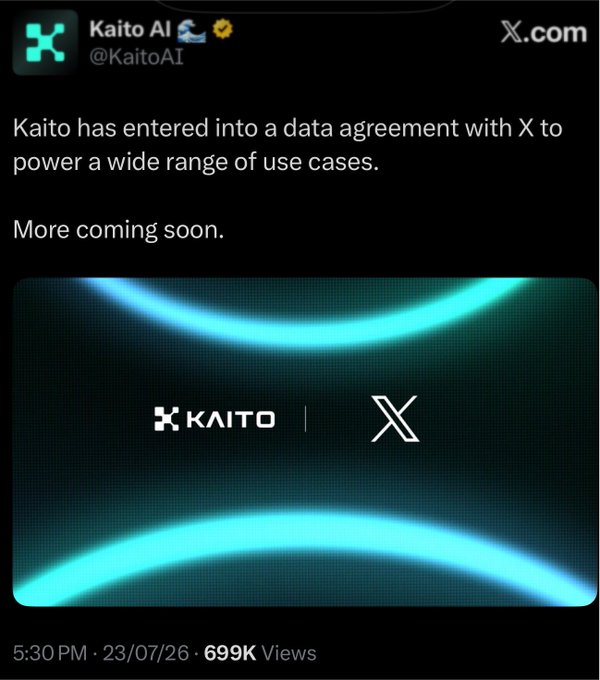 Kaito AI announces a data agreement with X.com to power various use cases, as shown by the logos of Kaito and X in the image.