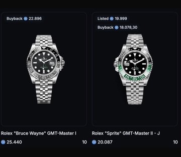 A mobile app interface displays two Rolex watches for sale: a 'Rolex "Bruce Wayne" GMT-Master I' with a Buyback of 22,896 and a 'Rolex "Sprite" GMT-Master II - J' listed at 19,999.