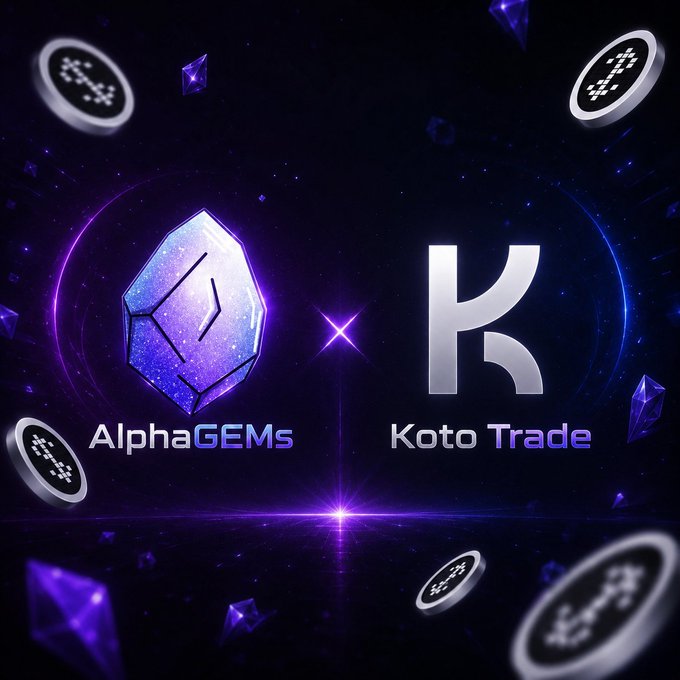 A promotional graphic featuring two logos: 'AlphaGEMs' with a purple crystal/gem icon and 'Koto Trade' with a stylized 'K' logo, set against a dark purple cosmic background with floating coins and crystals.