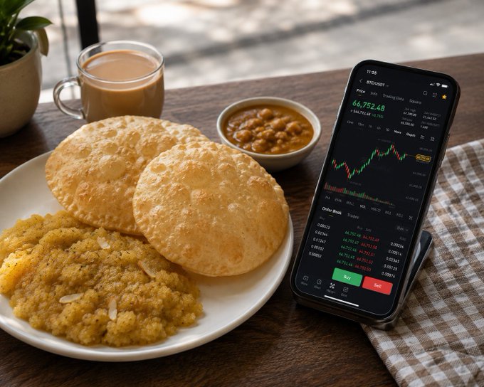 A smartphone displays a Bitcoin trading chart showing BTC/USD at 66,752.48 with a +1.71% gain, sitting next to a plate of Indian food including puri, halwa, and chana masala with a cup of chai.