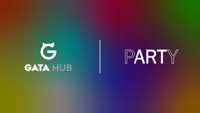 Promotional graphic with a blurred multicolored background displaying the 'GATA HUB' logo on the left and 'PARTY' text on the right.