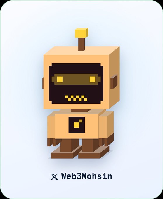 A 3D voxel-style cartoon robot character with a tan body, dark visor face, and a yellow antenna, labeled with the handle "Web3Mohsin" and an X logo.