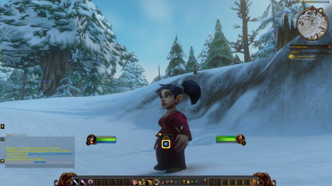 The image shows a World of Warcraft character standing idle in a snowy landscape, with the player's name "Dumbgamereg" visible on screen. The scene relates to the caption as the character appears to be AFK (away from keyboard) in a peaceful area while the player waits for the in-game token market to rise.