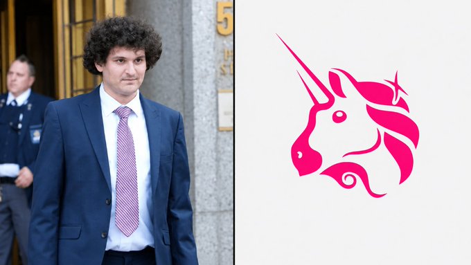 A side-by-side composite showing a man in a blue suit with a pink tie on the left, and the pink Uniswap unicorn logo on the right.