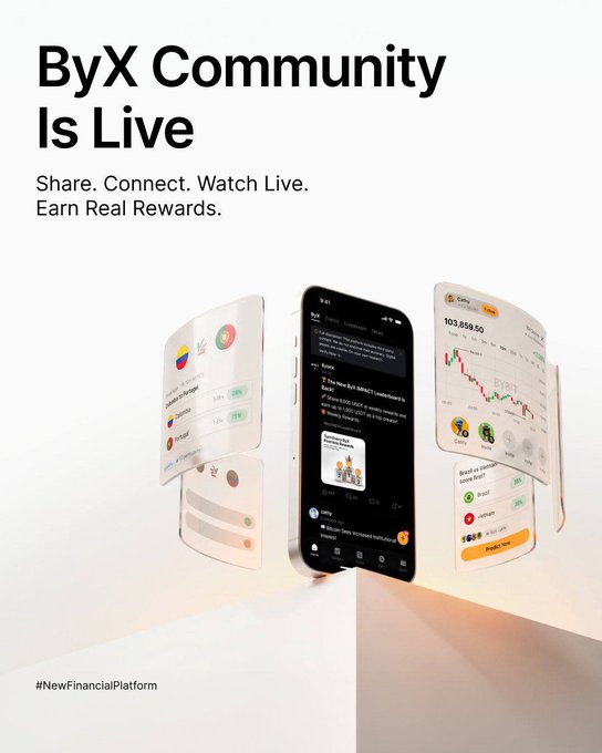 An advertisement for 'ByX Community Is Live' with the tagline 'Share. Connect. Watch Live. Earn Real Rewards.' and the hashtag '#NewFinancialPlatform', featuring floating mobile app screens.