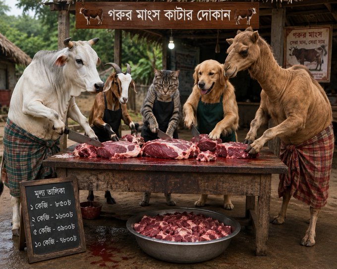 The image features five animals, including two cows (one white and one brown), a goat, a cat, and a dog, standing around a table with raw meat on it. The animals appear to be preparing food together for a meal or event. The caption of the image reads "GM my 𝕏 Fren Eid Mubarak have a great great day Enjoy day & keep active on @NomismaNetwork x @useTria & @River4fun What are you doing right now?".