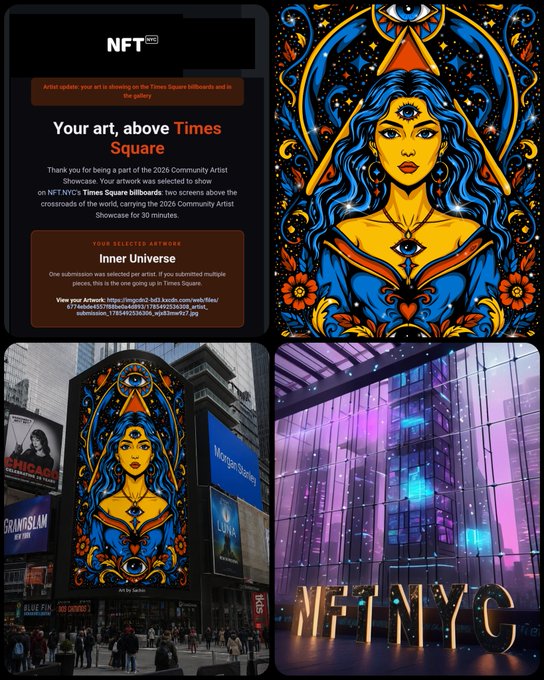NFT NYC promotional collage showcasing artist 'Inner Universe' artwork being displayed on Times Square billboards and NFT NYC signage.