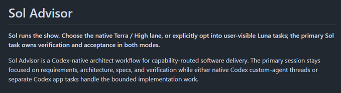 An article section titled 'Sol Advisor' describing a Codex-native architect workflow for capability-routed software delivery, explaining that the primary Sol task owns verification and acceptance while secondary threads handle implementation.