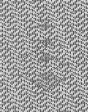 An abstract black and white pattern with repeating vertical dashes overlaid with faint geometric line drawings.