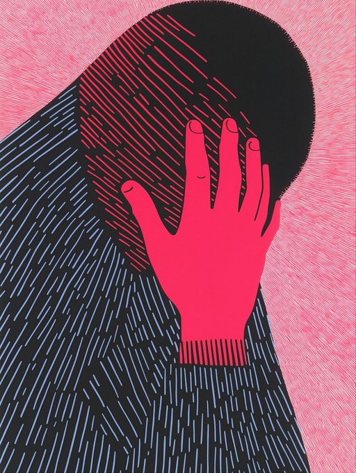 A stylized digital illustration showing a pink hand pressed against a dark shadowed figure, set against a bright pink background with diagonal line patterns.