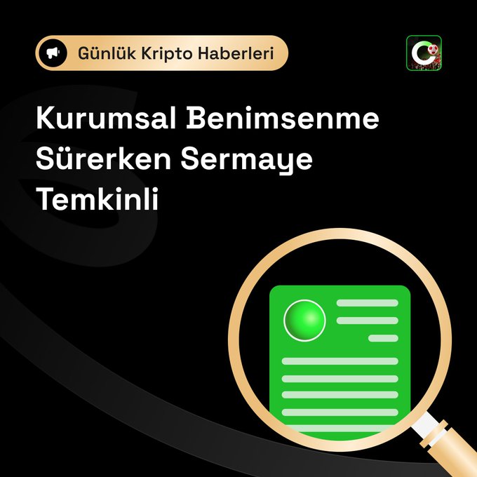The image features a magnifying glass with a green paper underneath it. The magnifying glass is positioned over an open document or piece of paper, which appears to be a page from a book. The background of the image is black, making the white text on the paper stand out prominently. The title "Kurumsal benimsenme güçlenirken, sermaye akışları temkinli kalmaya devam ediyor?" can be seen in the image, which seems to be related to a book or a document about Bitcoin.