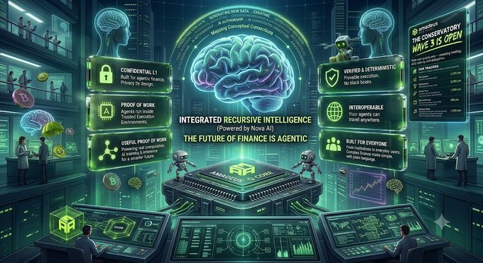 An infographic illustration titled "INTEGRATED RECURSIVE INTELLIGENCE" describing "THE FUTURE OF FINANCE IS AGENTIC" with various features listed around a central brain graphic.