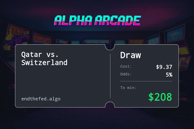 The image features a poster for an arcade game, where the title "Alpha Arcade" is displayed at the top, and below this title are three text boxes with numbers and words related to the game's rules or statistics. The first box contains the number 9 and says "Draw", indicating that players need to draw a specific number of times in order to win. The second box shows a cost of $9.37 for playing the game, and the third box has an estimated chance of winning $207 if played enough times.