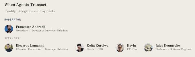 An event listing titled 'When Agents Transact' with subtitle 'Identity, Delegation and Payments', moderated by Francesco Andreoli, featuring speakers Riccardo Lamanna (Ethereum Foundation), Keita Kuroiwa (Flovia), Kevin (ETHGas), and Jules Doumeche (Flashbots).