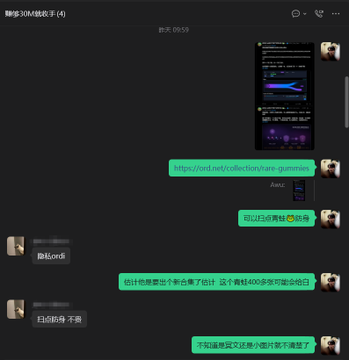 A WeChat conversation in the "聊学30M线数字" (Crypto Chat 30M Line Digital) group shows someone sharing a link about ordinals, which then sparks discussion about a potential new Bitcoin ecosystem narrative around Bitcoin L1 mainnet privacy and address shielding, with mention of "黑达科" (Black Cord) and "白光隐身·不感" (White Light Invisibility) projects being likened to a potential 4000BTC.