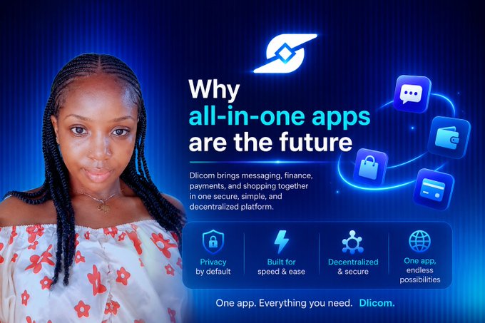 A promotional graphic for Diicom featuring a woman with braided hair on the left and the tagline 'Why all-in-one apps are the future', explaining that 'Diicom brings messaging, finance, payments, and shopping together in one secure, simple, and decentralized platform' with icons highlighting privacy, speed, decentralized security, and endless possibilities.