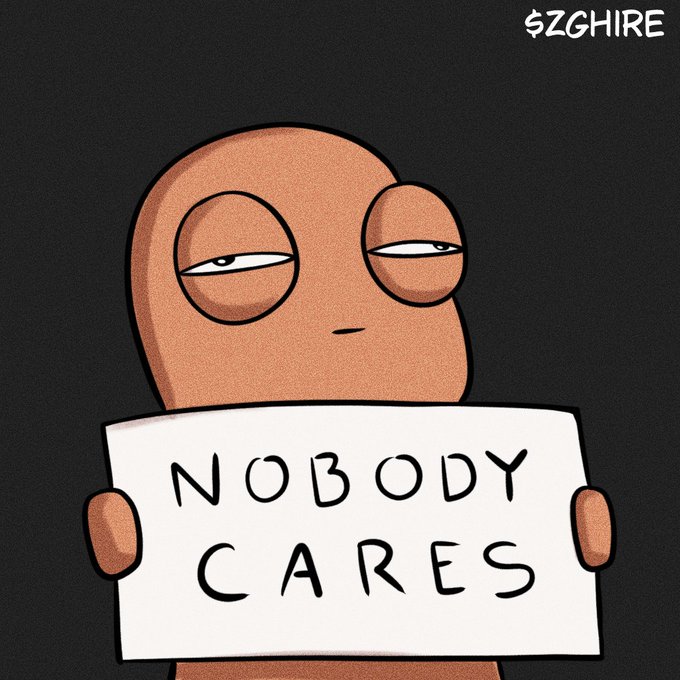 A brown cartoon character with a deadpan expression holds up a sign reading "NOBODY CARES," humorously dismissing the request for a "GM" by suggesting no one is paying attention or invested in responding.