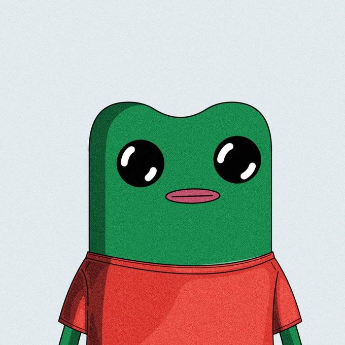 A simple cartoon illustration features a green, frog-like character with large glossy black eyes and a pink mouth, wearing a red t-shirt.