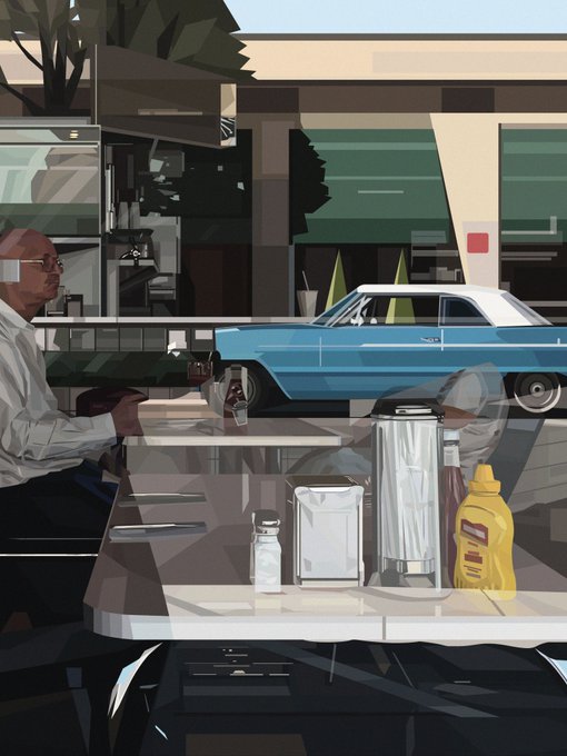 A digital illustration of a man in a diner looking out the window at a classic blue and white car parked outside, with mustard and condiments on the counter.