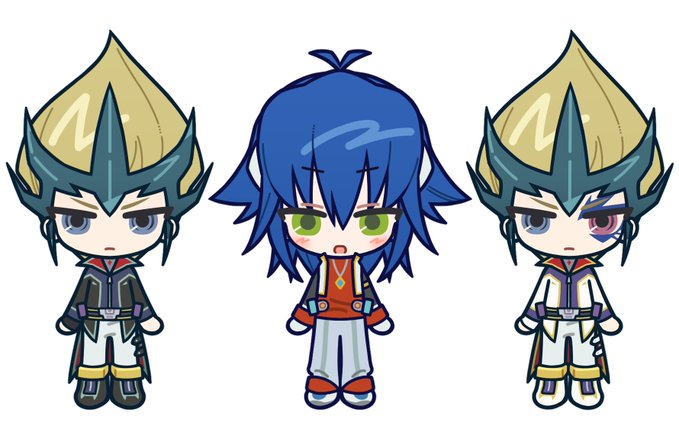 Three chibi-style animated characters stand side by side, with the two outer characters wearing matching spiky helmets and the middle character having blue hair and green eyes.