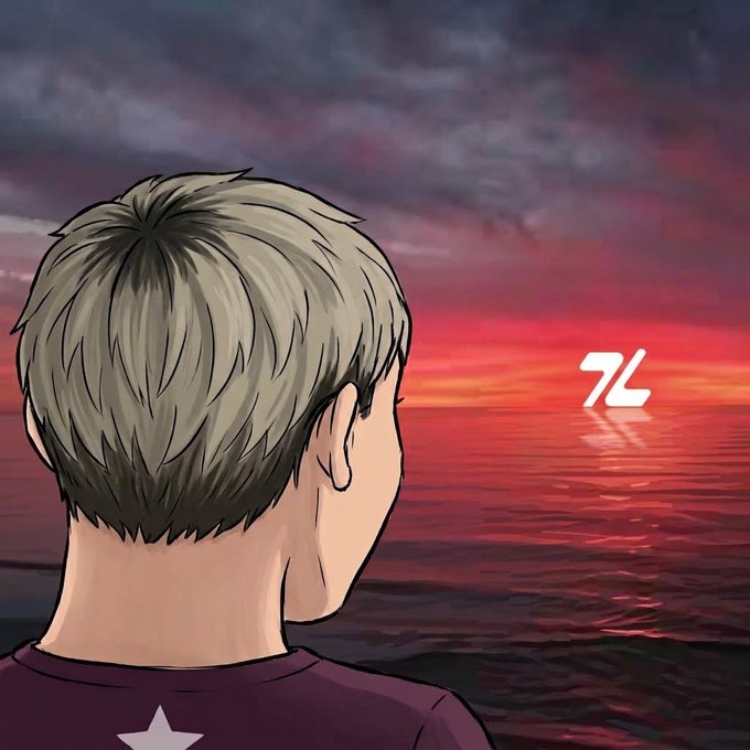 An anime-style illustration showing the back of a person with short brown hair looking out at a vibrant red sunset over the ocean, with a white stylized logo floating above the water's reflection.