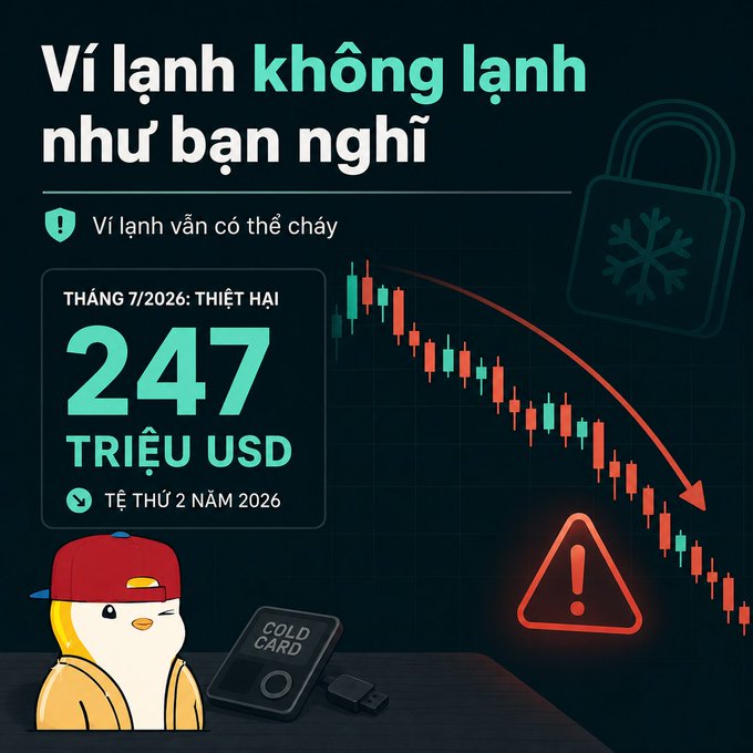 The image features Vietnamese text "Ví lạnh không lạnh như bạn nghĩ" (Cold wallets aren't as cold as you think) alongside a graphic showing a downward red candlestick chart and a highlighted statistic: "THÁNG 7/2026: THIẾT HẠI 247 TRIỆU USD" (July 2026: $247 million in losses), with a Coldcard hardware wallet pictured next to a cartoon character, visually reinforcing the post's warning that cold wallets are still vulnerable to theft despite their reputation for security.