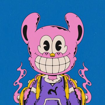 A digital illustration of a pink, flame-like character with a wide, toothy grin wearing a purple and yellow hoodie against a blue background.