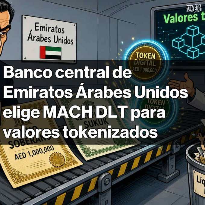 The image is an illustrated graphic showing a conveyor belt carrying traditional securities labeled "SOBERANOS AED 1,000,000" and "SUKUK" being transformed into digital tokens marked "TOKEN DIGITAL AED 1,000,000," with a sign reading "Emiratos Árabes Unidos" alongside the UAE flag. A screen displays "Valores" with blockchain cube icons, visually representing the UAE Central Bank's selection of MACH DLT to tokenize sovereign debt and Sukuk as described in the post.