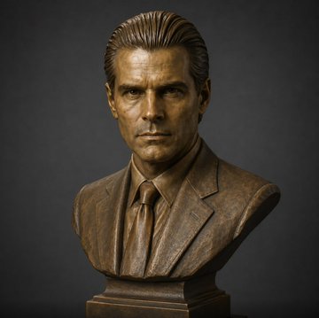 A bronze sculpted bust portrays a man in a suit and tie against a dark background.