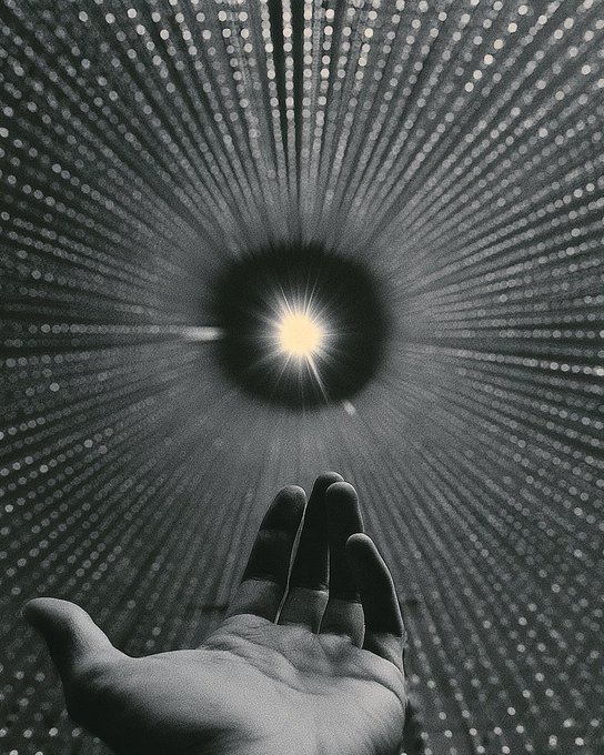 A grayscale surreal image showing a hand reaching toward a bright central light surrounded by a dark void, set against a radiating background of dotted lines.
