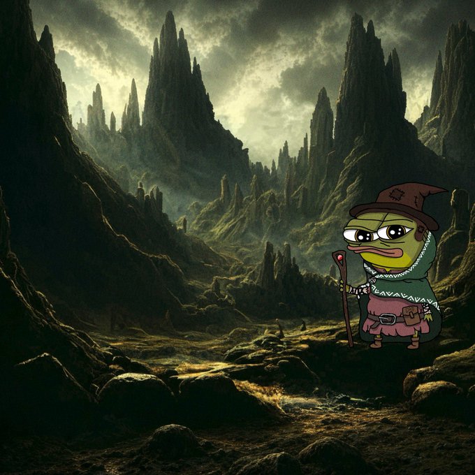 A Pepe the Frog character dressed as a wizard with a pointed hat and staff stands against a dark, dramatic fantasy landscape of jagged mountain peaks under a cloudy sky.