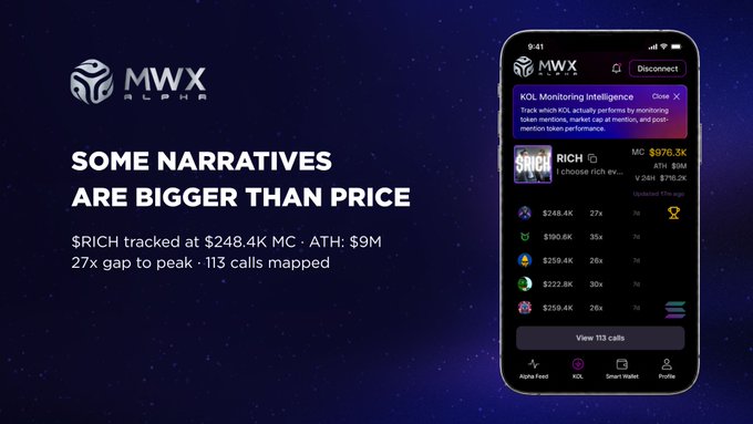 The image features a phone screen displaying a message from the cryptocurrency token called @chooserich. The message reads "Some narrates are bigger than price", suggesting that there may be a relationship between storytelling and price, or possibly the worth of the token itself. It also mentions $RICH was a significant amount in the blockchain community, contributing more than $189K to support a cancer treatment cause off-chain. The phone screen has an overlay containing some text about the token and its contribution.