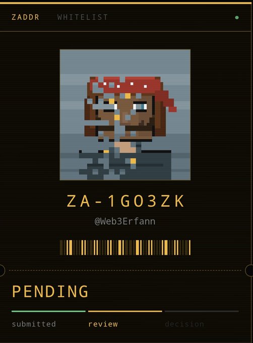 A digital ZADDR whitelist registration screen showing a pixel art character portrait with the ID "ZA-1G03ZK" and username "@Web3Erfann", currently in "PENDING" status at the submitted stage.