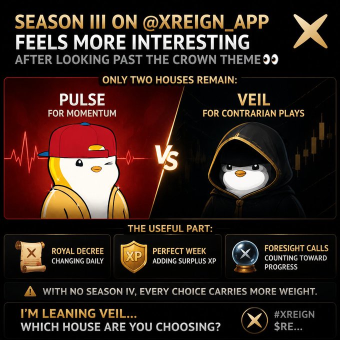 A promotional graphic for '@XREIGN_APP Season III' featuring two penguin mascots representing the 'PULSE' (red cap) and 'VEIL' (black hood) houses, listing features like 'ROYAL DECREE', 'PERFECT WEEK', and 'FORESIGHT CALLS'.