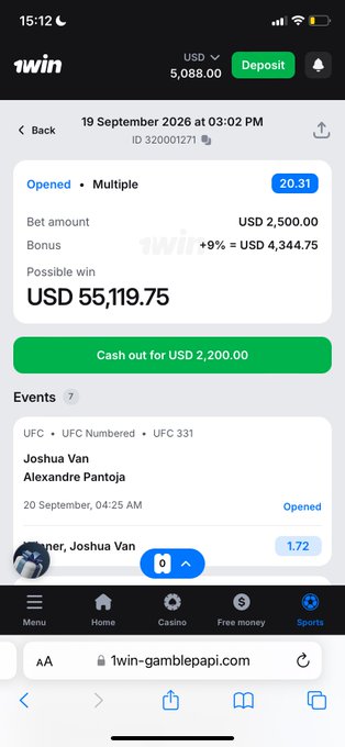 The image shows a 1Win betting app screenshot displaying an open multiple bet placed on 19 September 2026 at 03:02 PM (ID 320001271), with a USD 2,500.00 bet amount and a potential win of USD 55,119.75 at 20.31 odds, currently offering a cash-out option of USD 2,200.00. Visible events include UFC 331 featuring Joshua Van vs Alexandre Pantoja (odds 1.72), directly illustrating the bettor's "$2,500 for $55,000" parlay wager highlighted in the post.