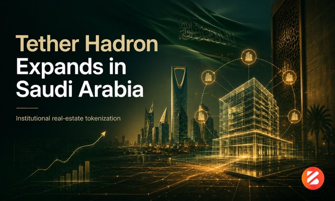 A green-toned promotional graphic with the headline "Tether Hadron Expands in Saudi Arabia — Institutional real-estate tokenization," featuring the Saudi Arabian flag waving over a glowing Riyadh skyline with a translucent building icon connected by network lines to smaller property icons, alongside an upward-trending chart, visually reinforcing Tether's announcement that Hadron will serve as the core technology platform for institutional-grade real-estate tokenization in partnership with First Advanced Data for Artificial Intelligence and BKN301.