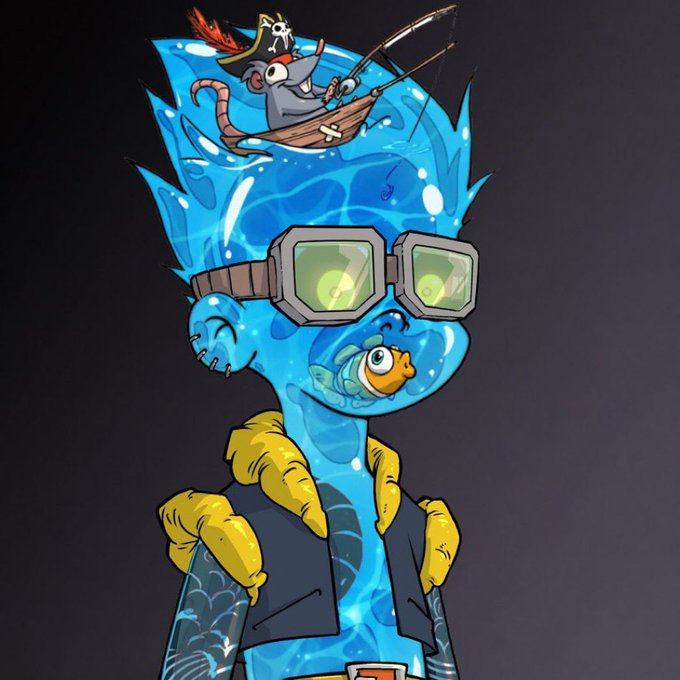 A cartoonish blue water-like character with goggles and yellow gloves, featuring a small fish inside its head and a pirate rat with a pirate hat rowing a boat on top of its spiky hair.