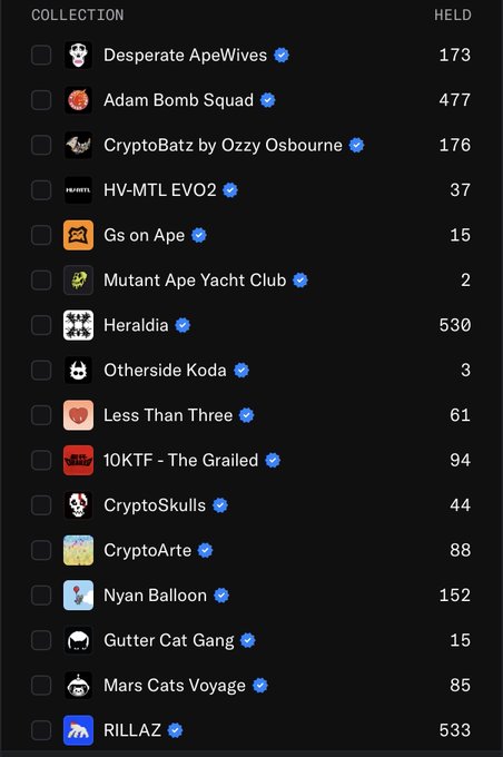 The image shows a digital NFT collection list with holdings including Desperate ApeWives (173), Adam Bomb Squad (477), CryptoBatz by Ozzy Osbourne (176), HV-MTL EVO2 (37), Mutant Ape Yacht Club (2), and others like Heralda (530), RILLAZ (533), and Nyan Balloon (152).

The image represents the user's current NFT holdings, which serves as context for their request to receive recommendations for additional OG digital collectibles to allocate 1% of their portfolio toward, building on brands with strong awareness.