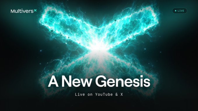 A promotional graphic from MultiversX featuring a glowing teal nebula forming an "X" shape, with the text "A New Genesis — Live on YouTube & X" and a "LIVE" badge, teasing an upcoming livestream event referenced in the post.