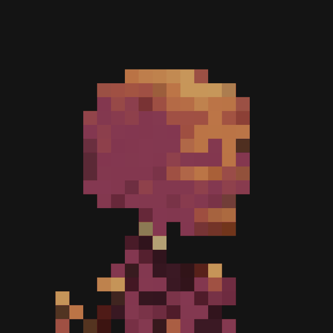 Pixel art sprite of a red-haired character with a ponytail against a black background.