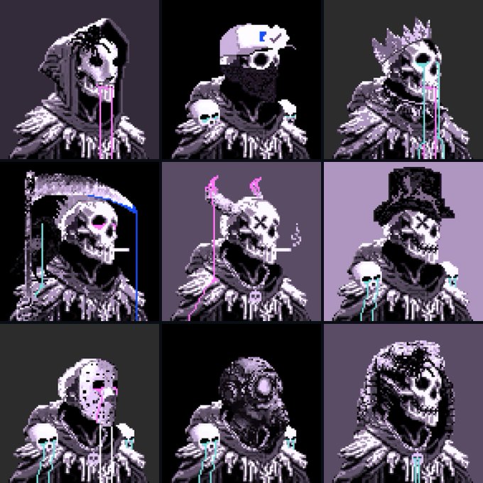 A 3x3 grid of pixel art portraits featuring variations of a hooded grim reaper or skull character with different accessories and dripping effects.