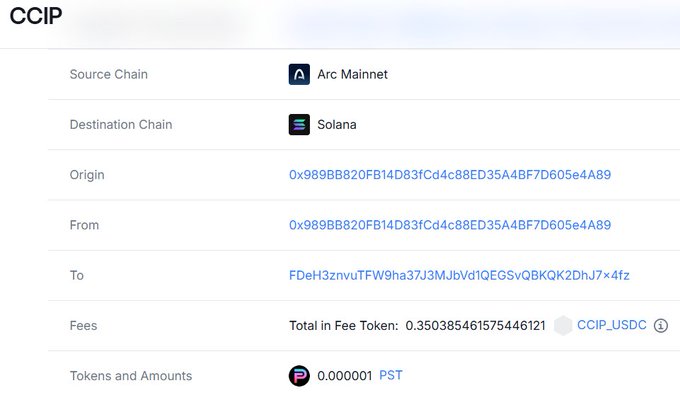 A screenshot of a CCIP cross-chain transfer from Arc Mainnet to Solana, showing details including a fee of 0.350385461575446121 CCIP_USDC and an amount of 0.000001 PST.