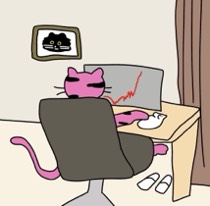 A pink cat at a desk watches a stock chart showing a rising red line, with "$6" visible below—likely representing a BTC price point—tying into the post's discussion about recent BTC rebounds and ETF capital inflows.