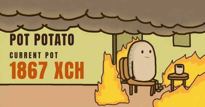 An animated graphic showing a smiling white potato character sitting on a chair surrounded by flames, with text reading 'POT POTATO', 'CURRENT POT', and '1867 XCH'.